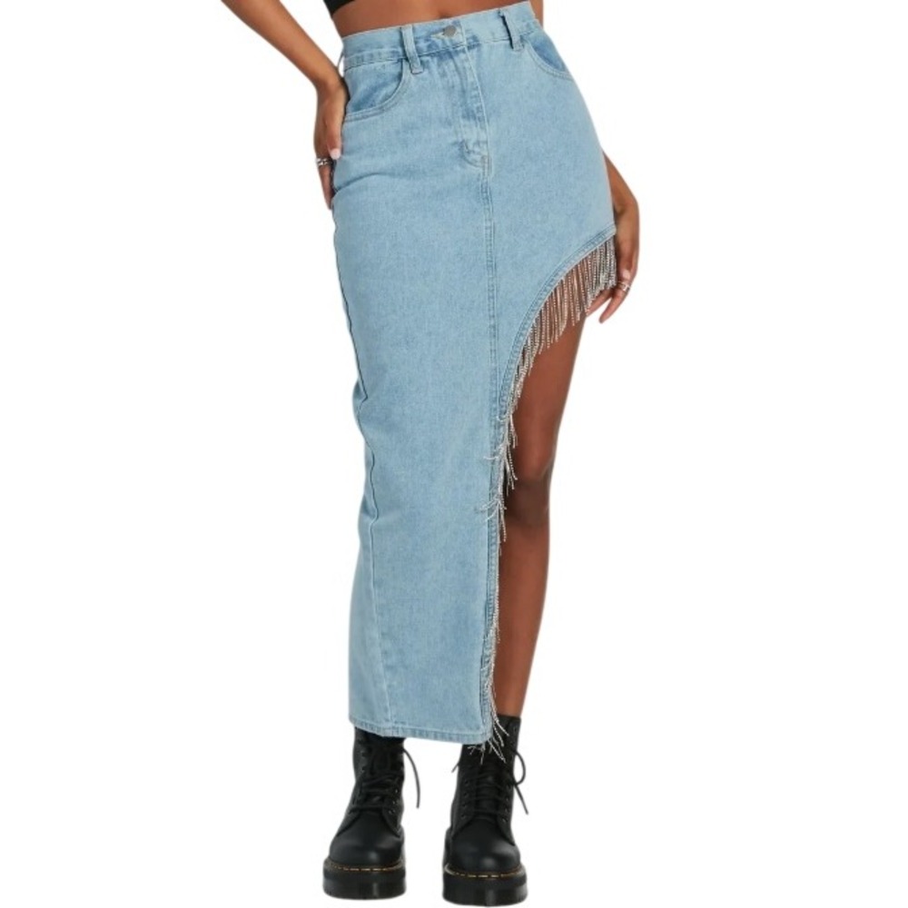 Windsor Glitzy Rhinestone Fringe High Slit Denim Maxi Skirt Blue XS
